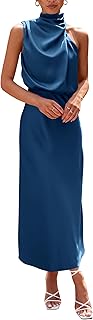 Women's 2025 Summer Satin Dress Elegant Sleeveless Mock Neck Cocktail Party Maxi Dresses - Buy now