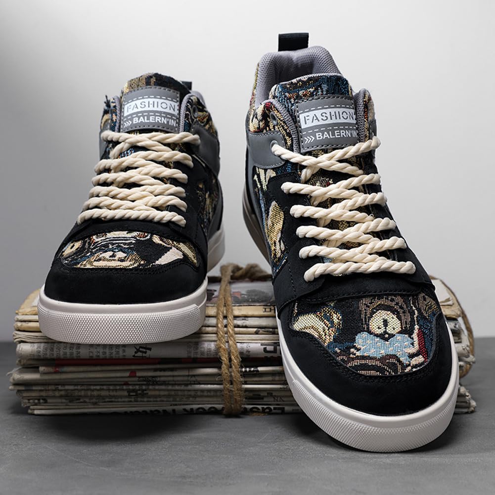 Men's Fashion High Top Chinese Style Skate Sneakers Stylish Comfortable Skateboarding Road Running Walking Shoes: 12.5 Black Grey