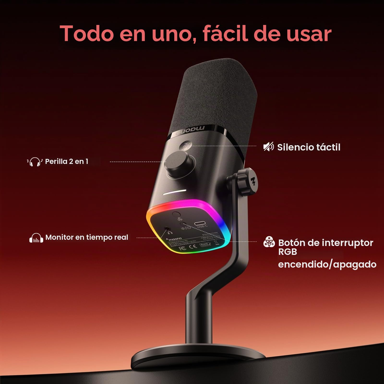 MAONO PD100W Micrófono dinámico USB inalámbrico, micrófono para PC para juegos con reducción de ruido con un solo clic, botón de silencio, RGB personalizado, conector de auriculares de 3.5 mm