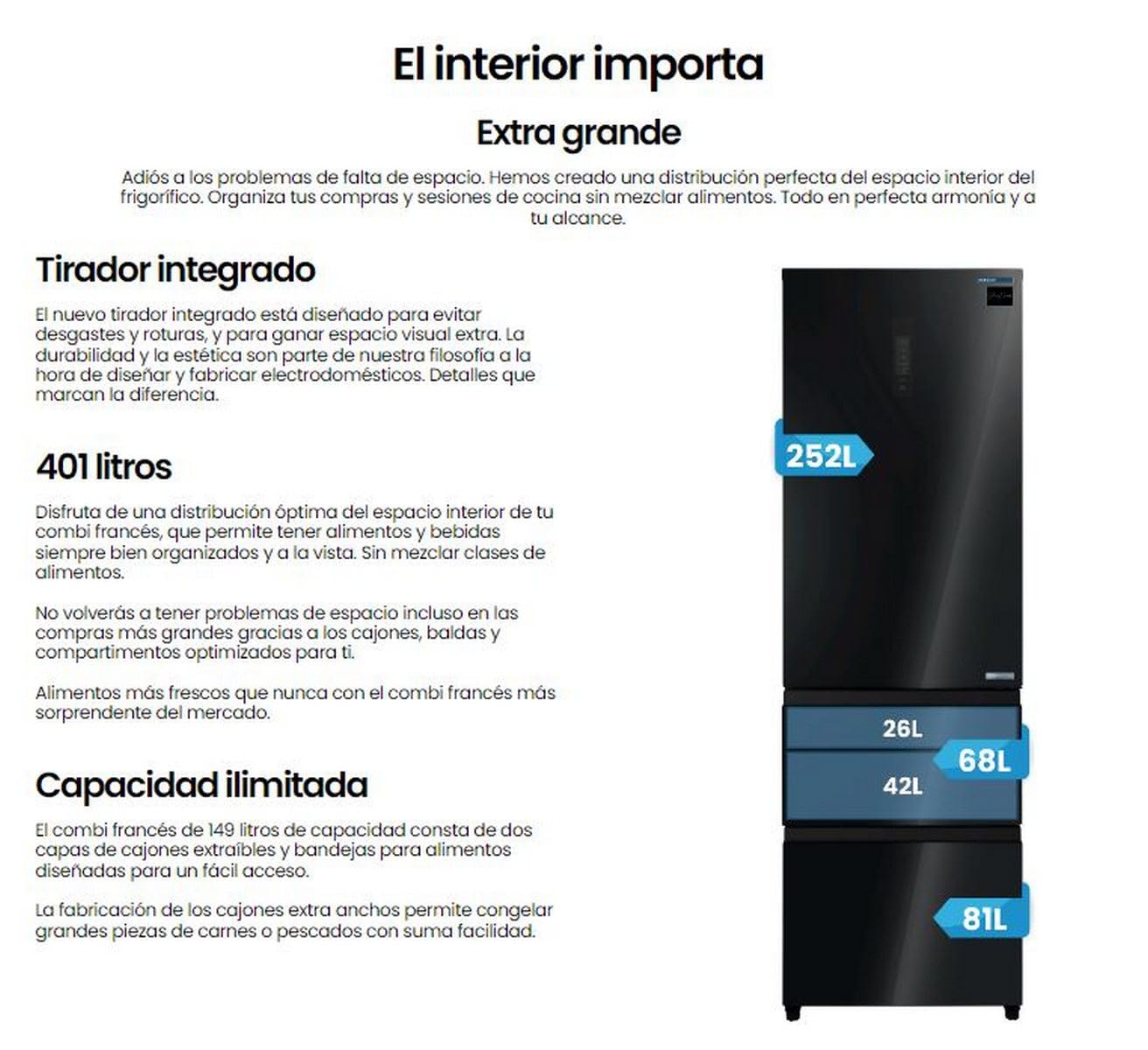 INFINITON Frigorifico Francés FRD-401T91, 401 Litros, 190 cm de Altura, E, Técnologia Inverter, Fast Cooling, Fast Freezing, Puerta reversible, Tecnología Care + space (Crystal Black || FRD-401T91NEG)