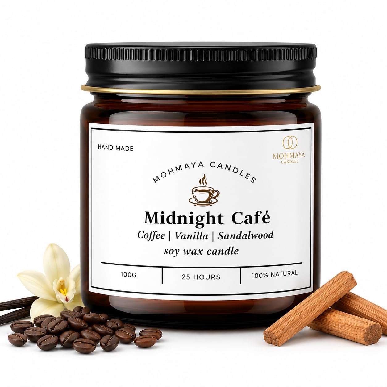 Mohmaya Midnight Cafe Scented Jar Candles 100g | 25 Hours Burn Time | Jasmine, Sandalwood Scented Soy Wax Candle with Cotton Wick | Handmade Natural Aromatherapy Glass Jar Candle-image-0