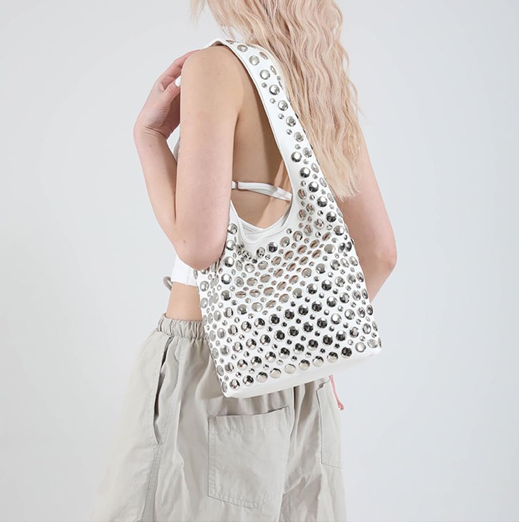 Stylish Studded Hobo Bag Y2K Rivets Bucket Purse for Women Trendy Small Shoulder Tote Handbag