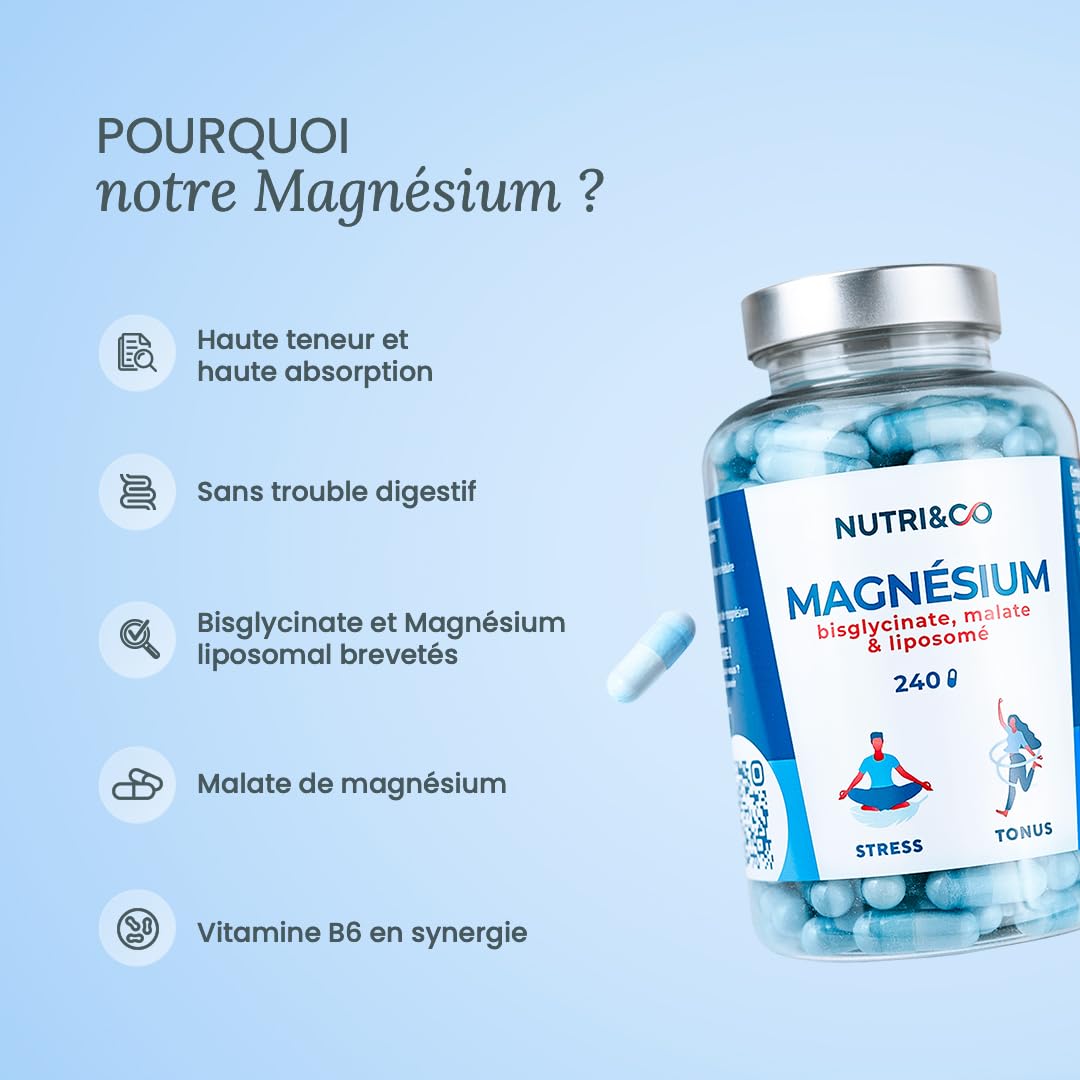 NUTRI&CO Magnésium Bisglycinate Malate & Liposome vitamine B6 | 240 Gélules | Haute Teneur 300mg/j | Haute Absorption Supérieure au Magnésium Marin | Fatigue & Stress | Vegan | Conditionné en France