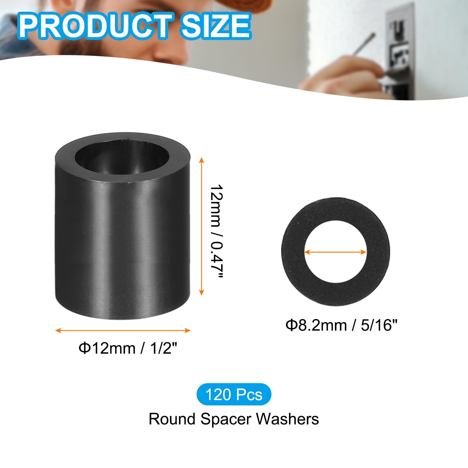 PATIKIL 120Pcs M4 ABS Spacers M8 x 12mm OD x 12mm L Plastic Round Spacer Washers Black Standoff Nut Unthreaded for Screws Bolts Electrical Outlet - Image 2