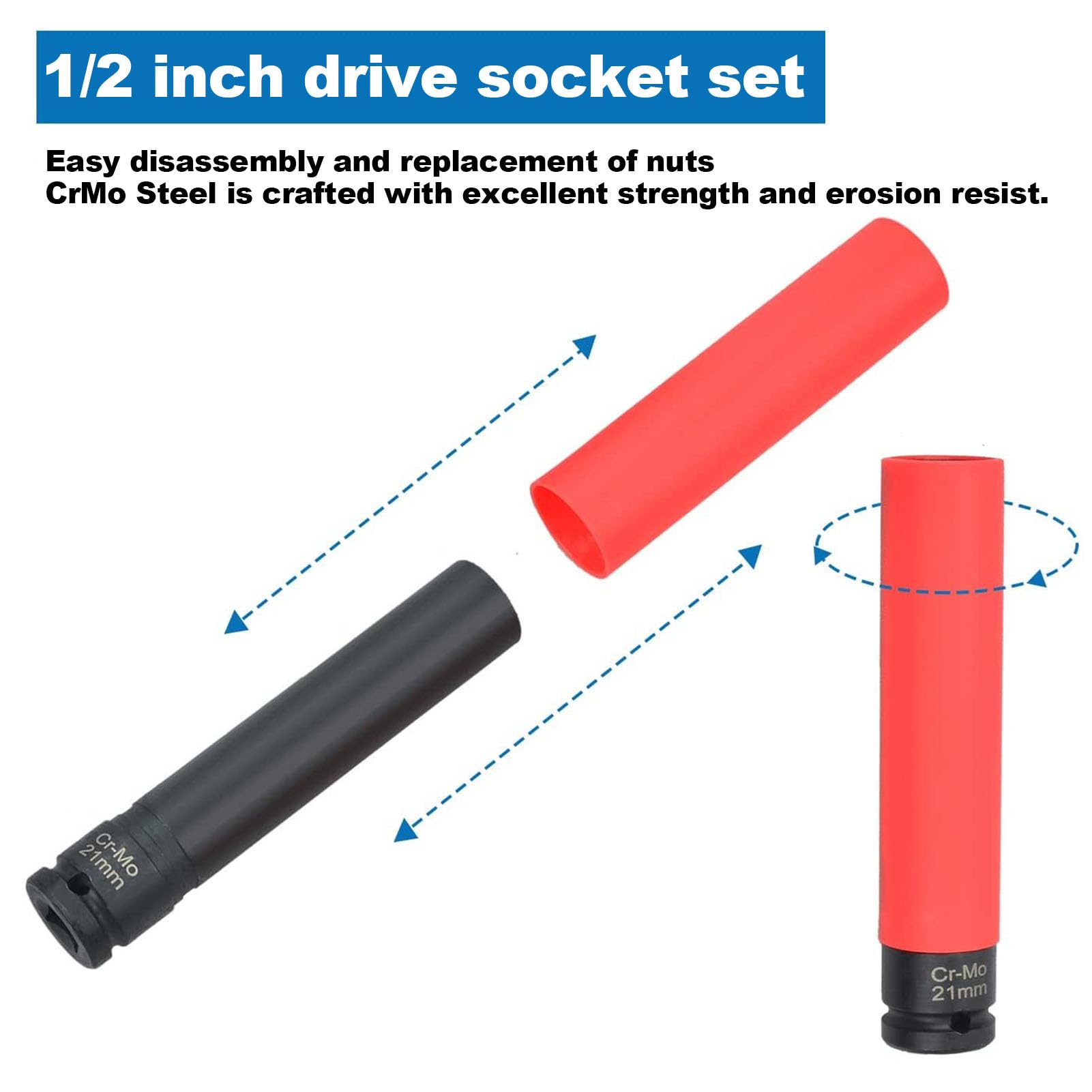 Generic Zestaw 3 nasadek udarowych 1/2 cala, 17 mm, 19 mm, 21 mm, metryczne nasadki do nakrętek kół ze stali CrMo o cienkich ściankach, z kolorowymi osłonami ochronnymi