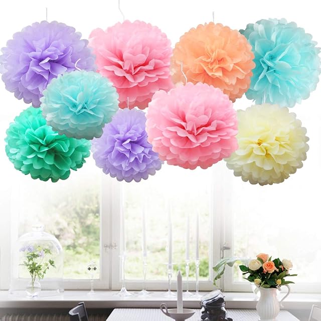 Time to Sparkle 9 Pack Mixed Tissue Paper Pompoms Pom Poms Flower Wedding Party Decoration (9X Poms-Pastel)