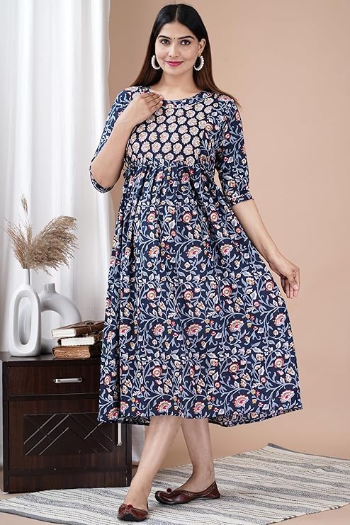 Image of Maternity Feeding Anarkali Kurti Dress for Women | Cotton Nursing Kurta with Both Side Zippers | Pregnancy & Nursing Wear | Comfortable Ethnic