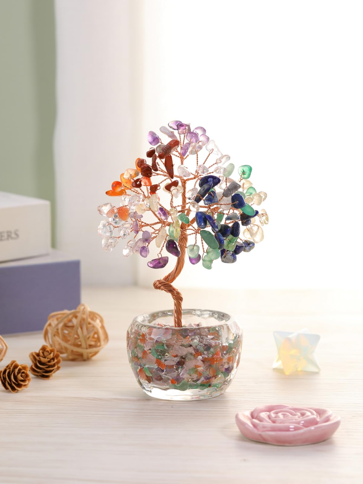 JSDDE 7 Chakra Crystal Tree Healing Crystals Stones Tree with Glass Base Gemstone Tree for Positive Energy Office Decor Fengshui Tree Gift - Image 2