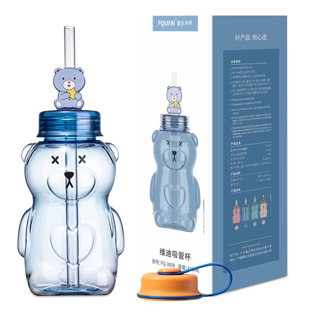 Vorprillynt Blue Bear Water Drinking Bottle, 430Ml Water Bottle With Straw, Reusable Water Bottle Drinks Bottle Flip For School Nursery Sports Picnic(Blue)