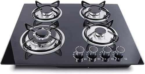 Placa de cocina de gas incorporada de 23 pulgadas, 4 quemadores, cocina de gas natural y propano, vidrio templado y marco de acero inoxidable para