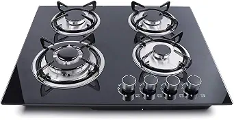 23-inch Built-in Gas Cooktop with 4 Burners, Stainless Steel & Tempered Glass