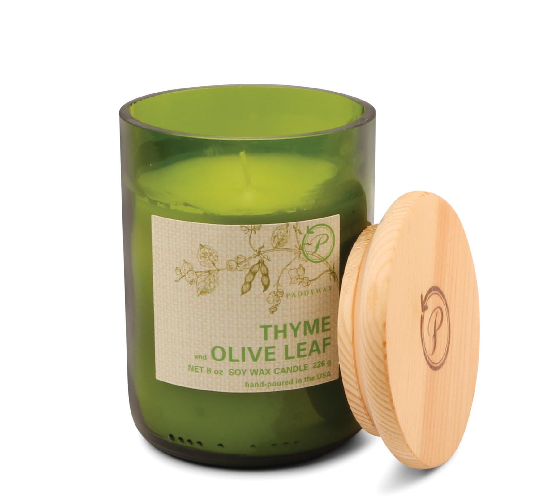 Paddywax Thyme & Olive Leaf Scented Candles Eco Green Artisan Candle In Recycled Glass Vessel, 226G,