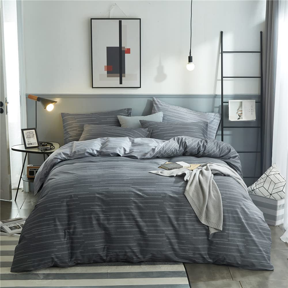 Striped Duvet Cover Set 100% Cotton,King(104"x90"),Dark Grey Stripes