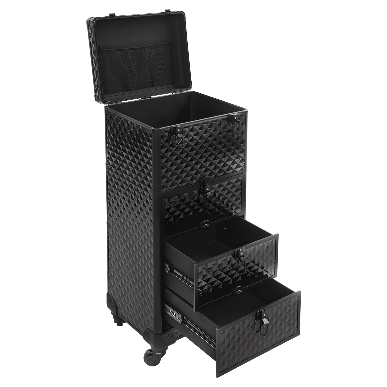 Kosmetikkoffer mit Rollen, Schminkkoffer Trolley, Beauty Case mit 3 Schubladen und 4 Schlüssel, Groß Kosmetikkoffer, Ngaelkoffer, Make up Koffer für Nageltechniker, Kosmetikerinnen und Stickerinnen