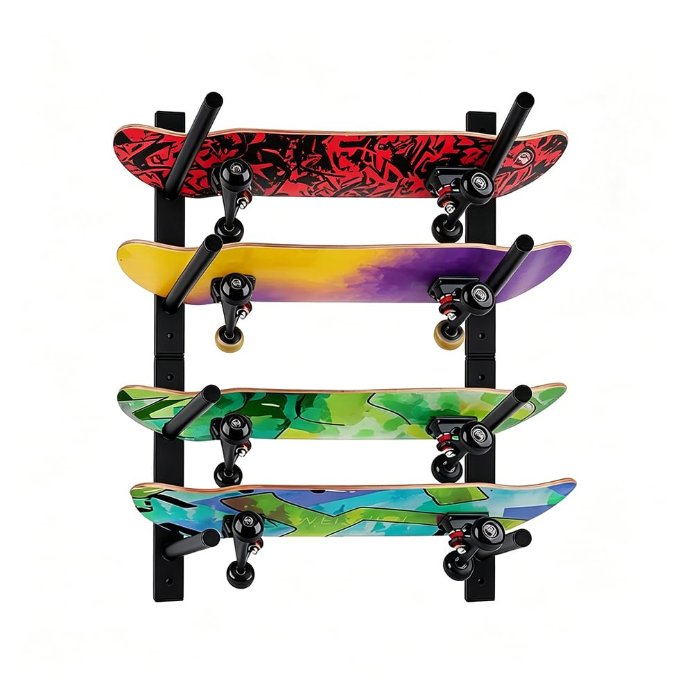 UNICRAFTALE 4 Layer Adjustable Skateboard Wall Mount Rack 3x19.6x50cm Snowboard Ski Holder Storage Display Black Horizontal Ski Wall Rack for Longboard Deck Home Garage Space Saving Organization