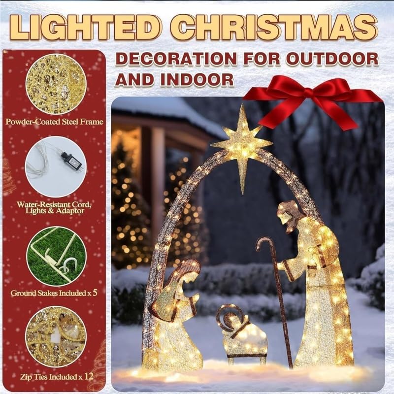 Décoration de Noël extérieure illuminée Crèche, ensembledécorationjardin Noël illuminée, extérieur avec 150 lumières LED pour décorationvacances, Jardin, pelouse(5,5 Pieds)(Blue)