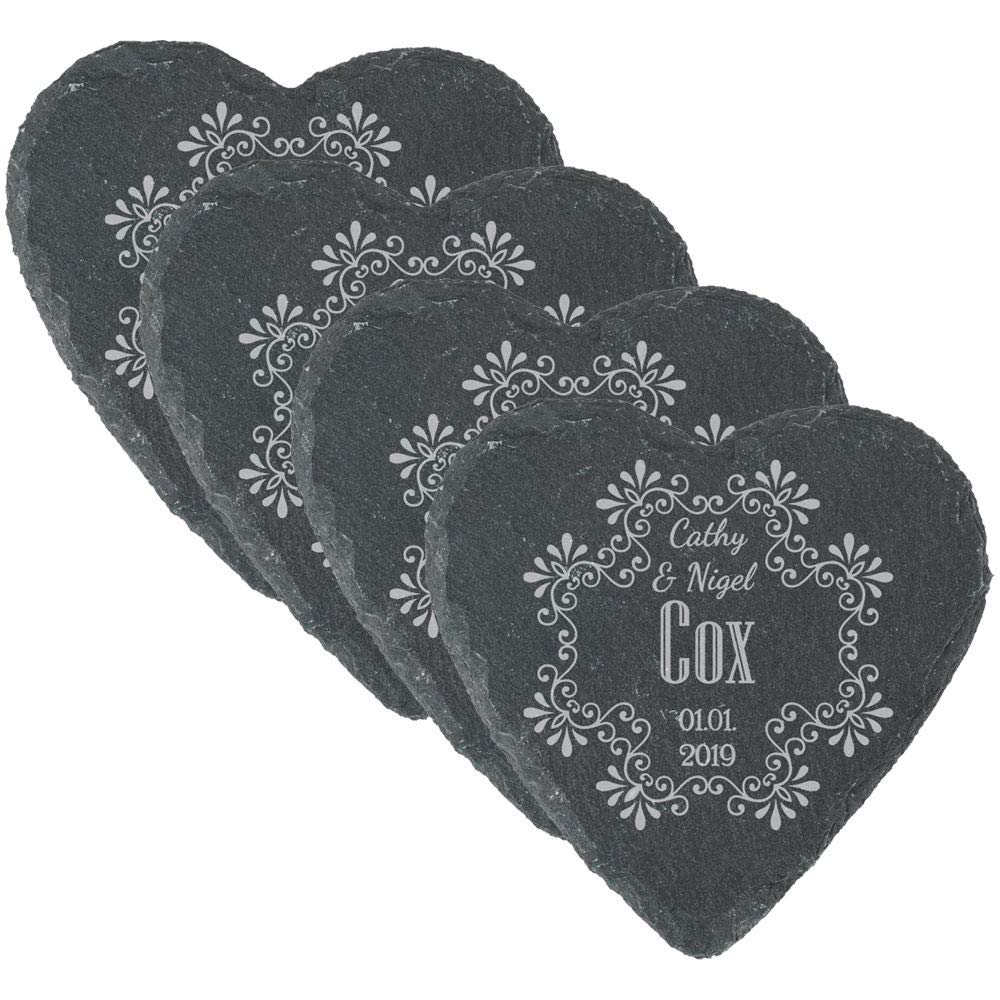 All Things Personalised Set Of 4 Personalised Engraved Heart Slate Wedding Coaster With Names