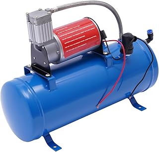 Bomba de compresor de aire para coche, 12 V CC, 100 psi, depósito de aire de 6 litros, manguera de 3,8 m, regulación automática de presión para coches, bicicletas y emergencias, color azul