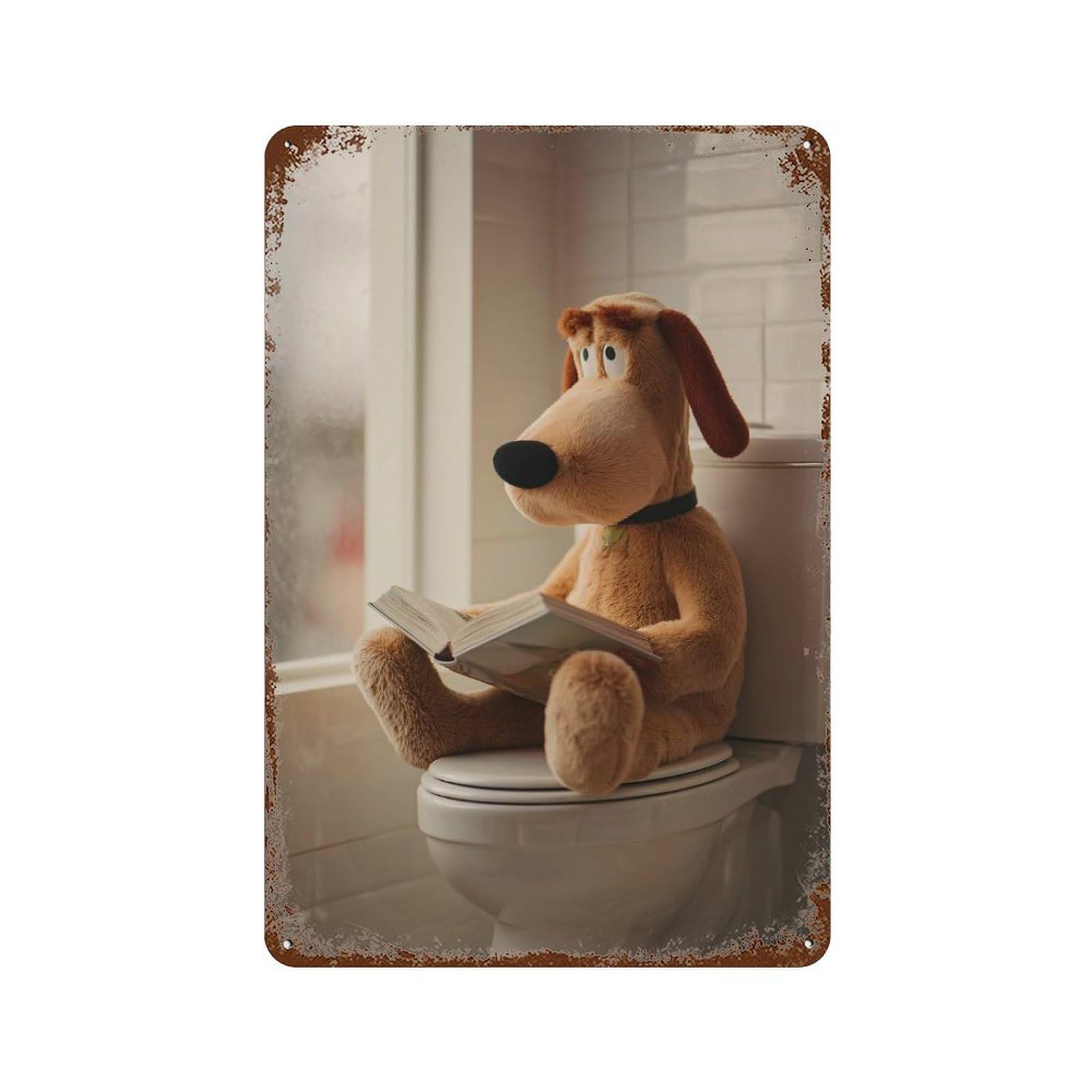 Dog Plush Reading on Toilet Aged Metal Wall Plaque 11.8"x7.9", Classic Wall Plaque for Garage, Pub Or Kitchen