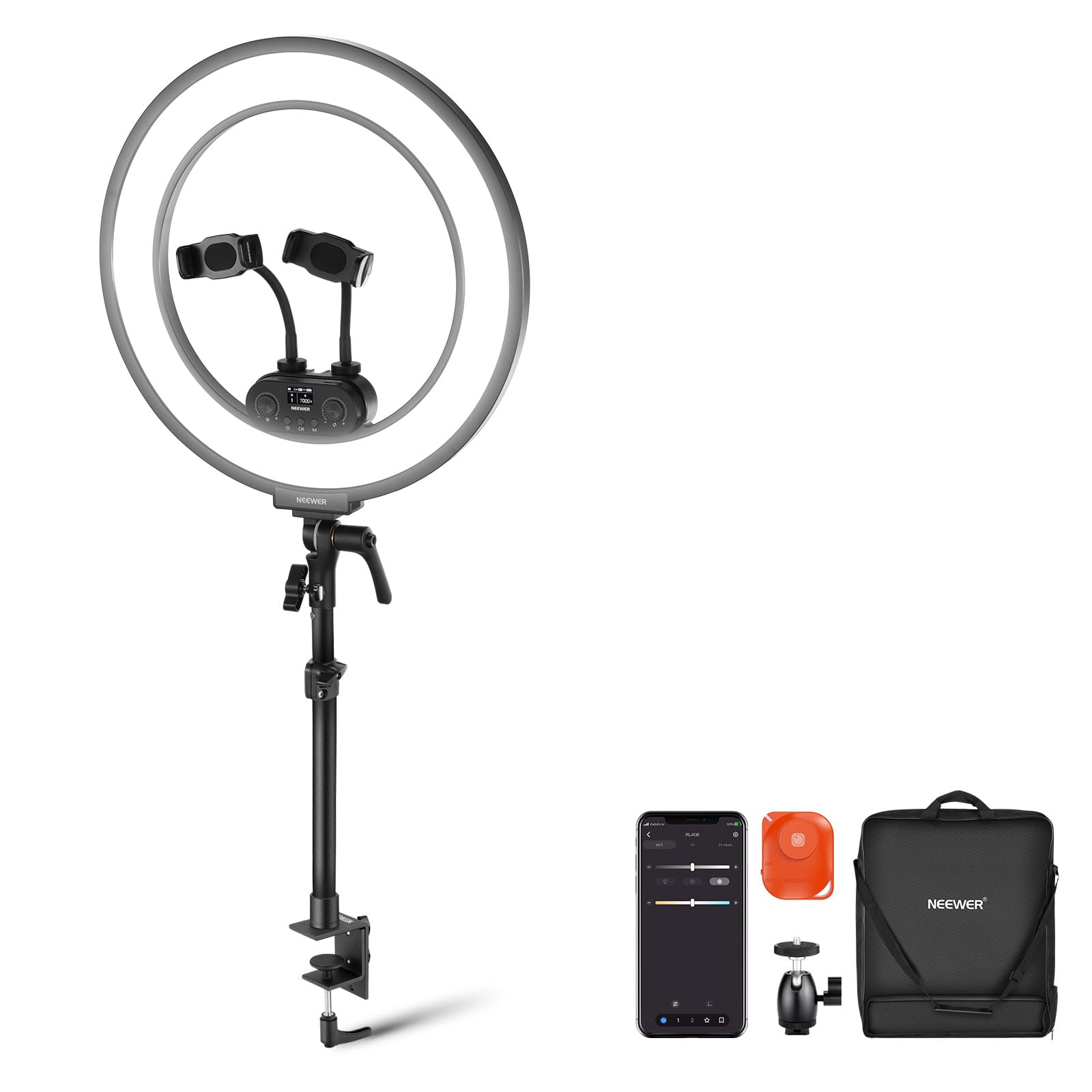 NEEWER 18" RGB LED Ringlicht APP Steuerung mit Ständer und Telefonhalterung, 42W dimmbar, 2500–10,000K, GM ± 50 Bi Farbe, CRI97+/TLCI98+, 360° Vollfarbe, 18 Szenen für Selfie, TikTok, Vlog, RGB18 II