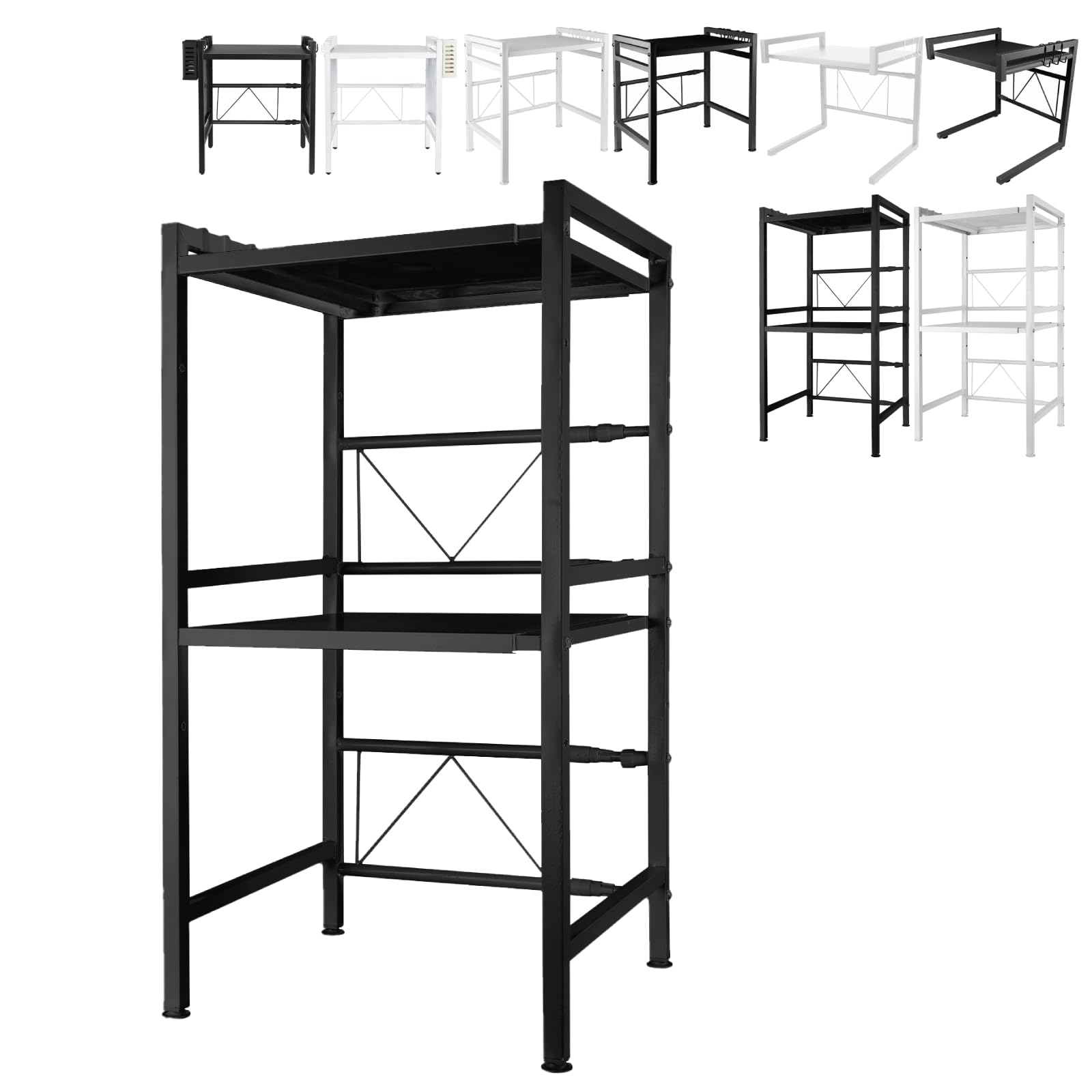 Scaffale allungabile per forno a microonde con ripiano portaoggetti in metallo, portaoggetti da cucina con ganci in plastica, risparmio di spazio (nero a 3 livelli)