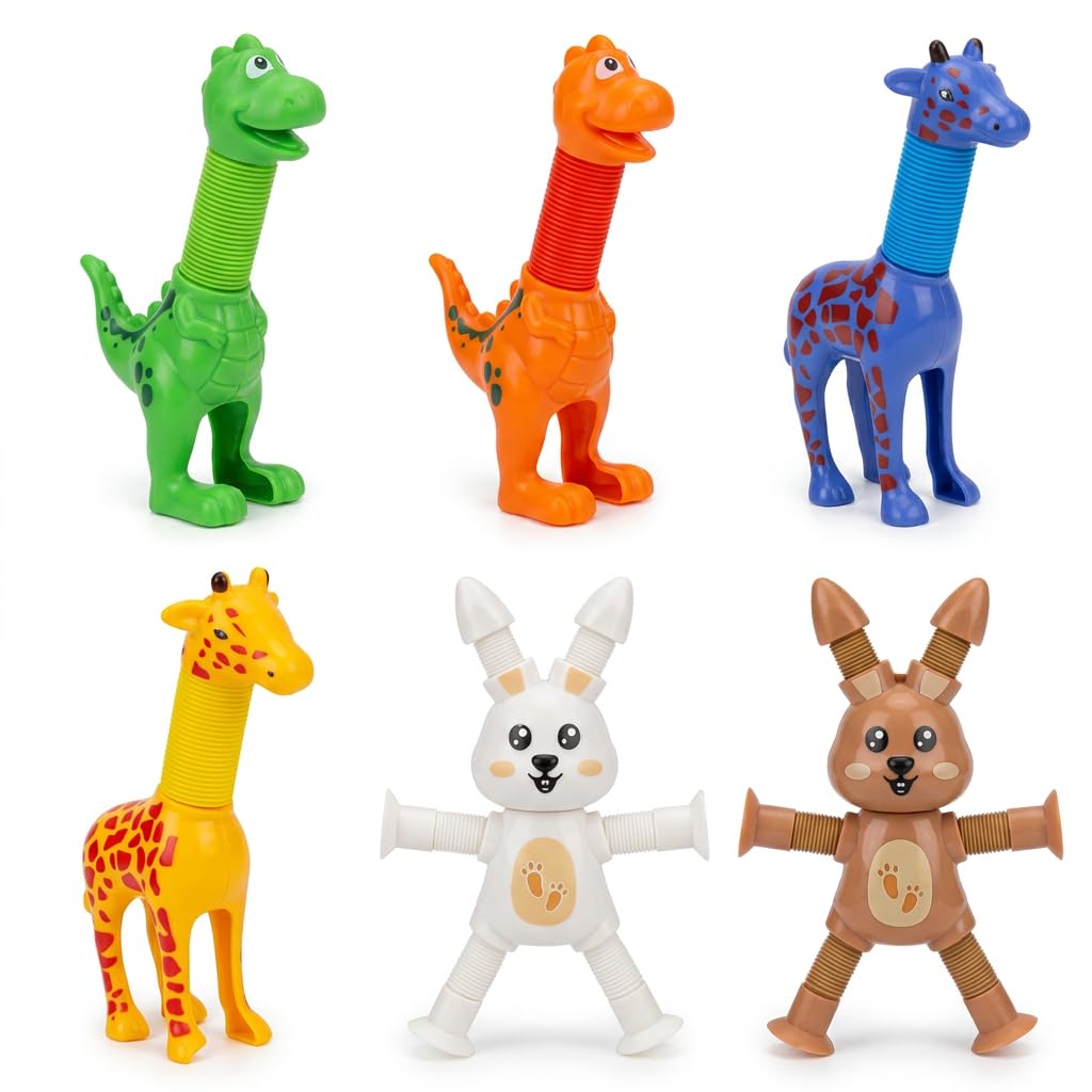 6PCS Tubes Sensory Items, Animal Design Object Set with Dinosaur, Deer Shapes and Rabbit, for Creative Play, Colourful Educational Object for Various People