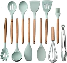 KKmoon 11 peças de utensílios de cozinha Conjunto de utensílios de cozinha Conjunto de utensílios de cozinha de silicone Conjunto de utensílios de cozinha com cabo de madeira Utensílios de cozinha an