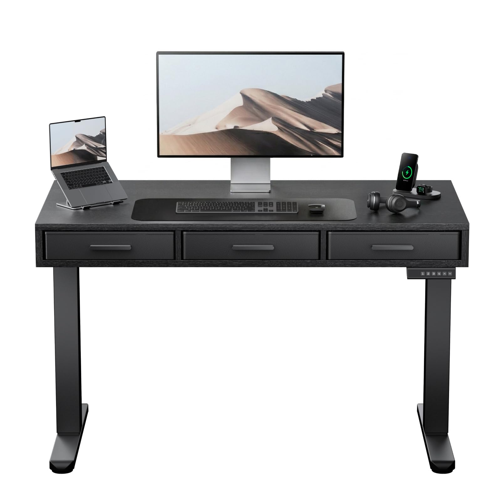 Photo 1 of HUANUO Electric Standing Desk with Drawers, C-Clamp Mount Compatible, 40 x 22 Inch Height Adjustable Sit Stand Desk, Fabric Drawers, Home Office Stand Up Desk with 4 Custom Height Settings, Black