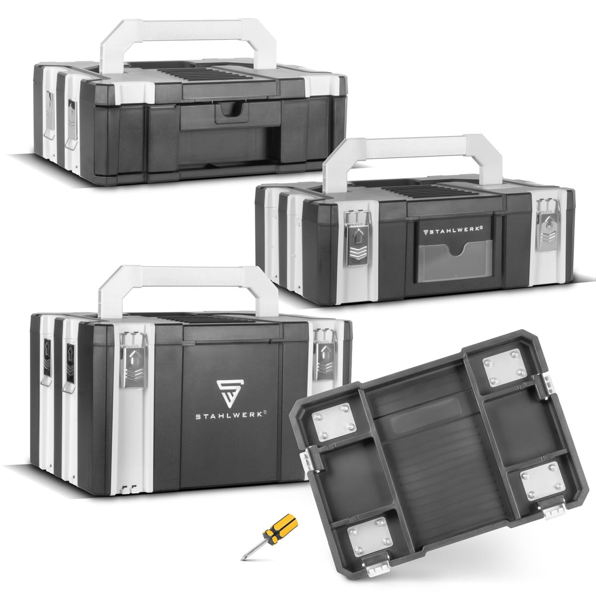 STAHLWERK Set di scatole degli attrezzi con rotelle – organizzatore portatile con tre scatole e cassetto, ampio spazio di archiviazione, chiusure a scatto stabili, sistema di archiviazione flessibile