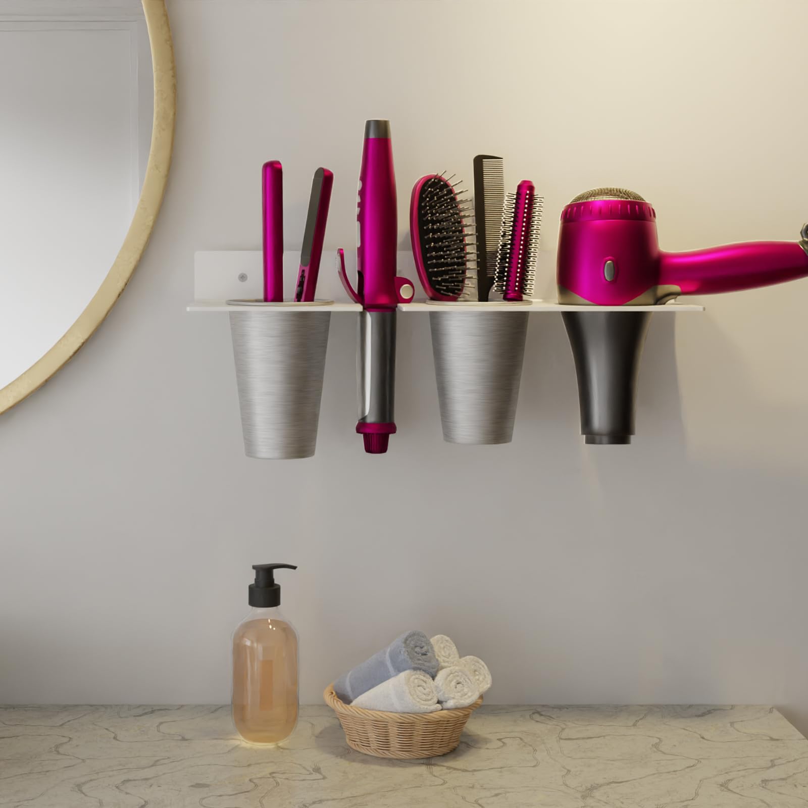 ZASIMO Wall Mount Hair Tool Organizer - 4mm Thick Acrylic With 2 Steel Cups For Dryer, Curling Iron - View #2