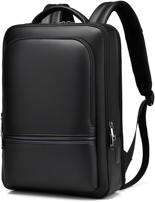 Mens Genuine Leather Backpack, Business Backpack, Large Capacity, 15.6 Inch Storage, Waterproof, Leather, Square, Charging Port, Commuting Bag, Black