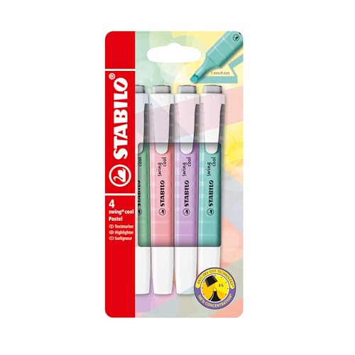 STABILO – Textmarker – swing cool Pastel – 4er Pack – Hauch von Minzgrün, rosiges Rouge, Schimmer von Lila, zartes Türkis