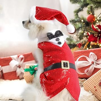 Yoption Christmas Dog Tuxedo Dog Suit with Hat, Christmas Santa Claus Sequin Suit, Funny Puppy Cat Xmas Party Cosplay Outfits L