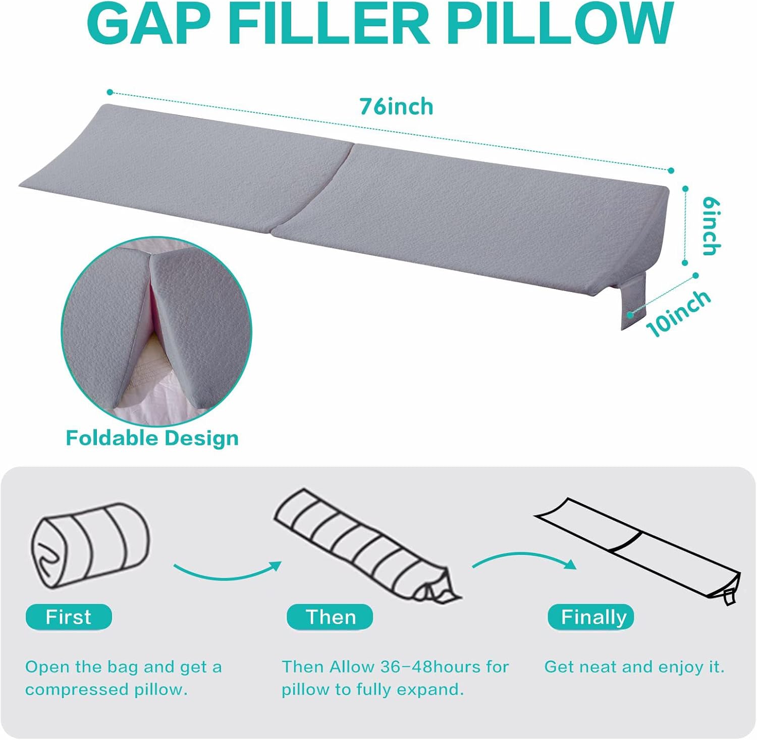 SLIGUY King Size Bed Wedge Pillow Headboard Pillow Mattress Wedge Bed Gap Filler Fill The Gap (0-7") Between Your Headboard and Mattress for Sleeping Backrest Pillow（Grey 76"x10"x6"）