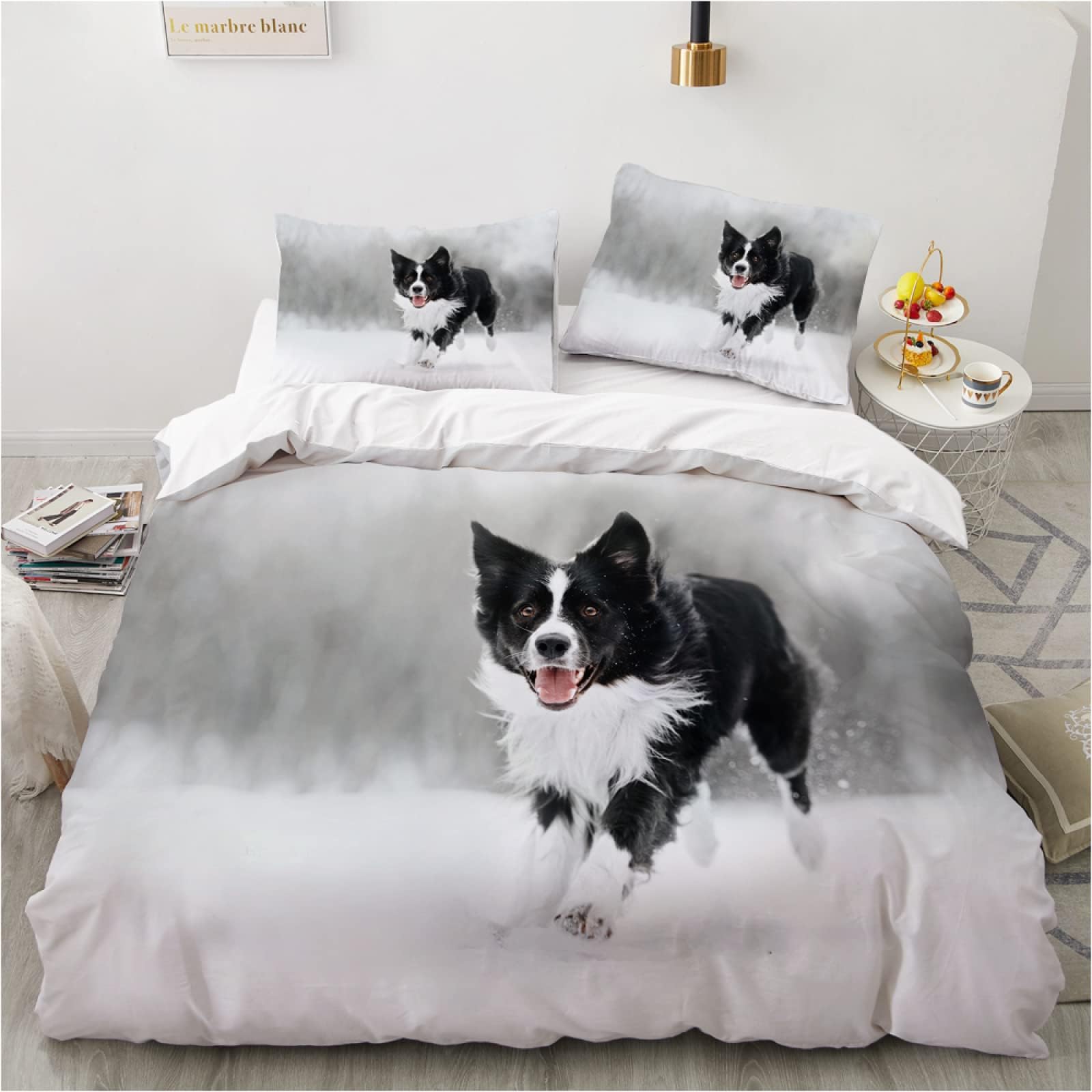 MEVASA Kids Bedding Border Collie Duvet Cover Set - Grey Fluffy Microfiber Hypoallergenic Single Duvet Cover 3 Pieces /135x200