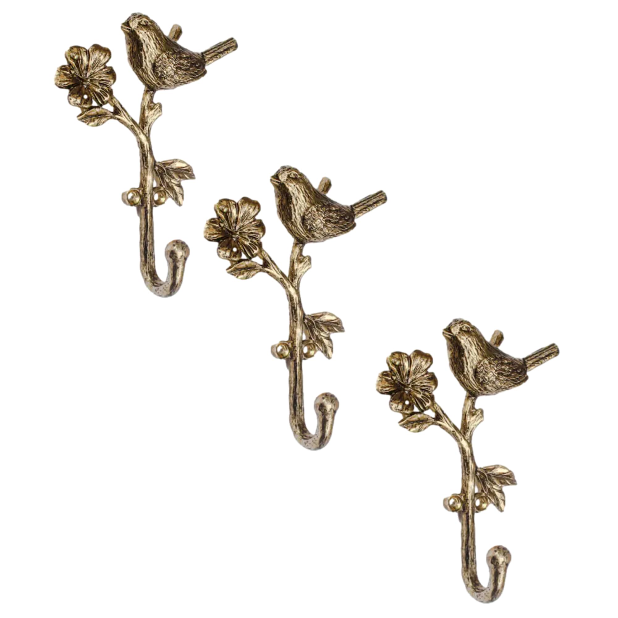 Fyne-Finds Gold Set Of 3 Metal Bird On Branch Hooks Coat Keys Hanger Rack Wall Mounted Home Decor