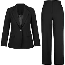 Allegra K Women Dressy Business Casual 2 Piece Blazer Pant Suits Set | Structured Shoulder Pads One Button Front Pockets Zipper Fly Office Interview Party Formal Dinner Shopping