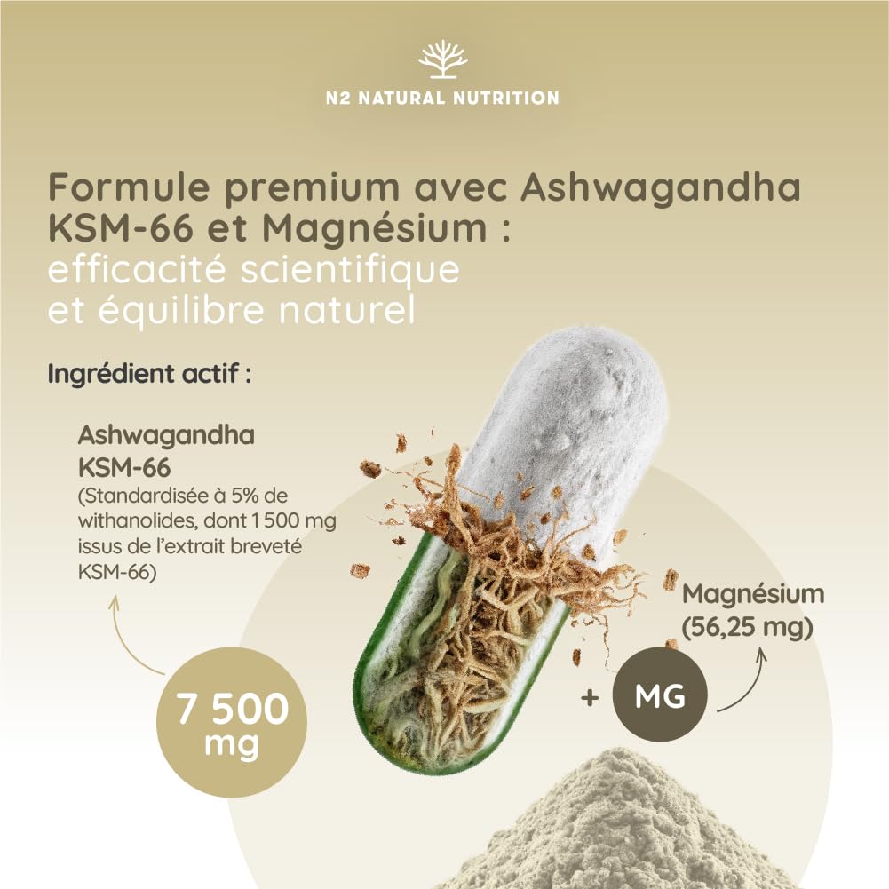 Ashwagandha KSM-66 + Magnésium. 7500 mg Extrait, 180 Gélules. Withanolides, Alcaloïdes, Flavonoïdes, Adaptogène Complet pour Sommeil, Humeur, Vitalité. N2 Natural Nutrition