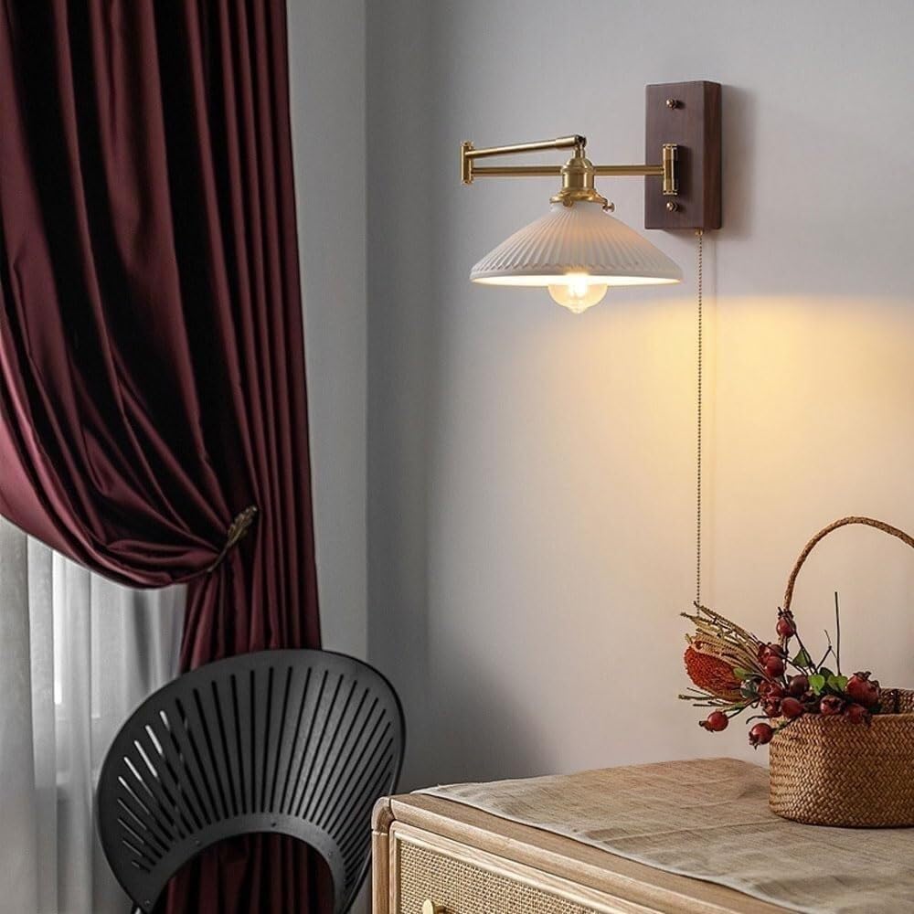 Applique da Parete per Interni Vintage in Ottone con Braccio Orientabile Regolabili in Legno E Ceramica Stile Industriale per Comodino Camera da Letto E Porta