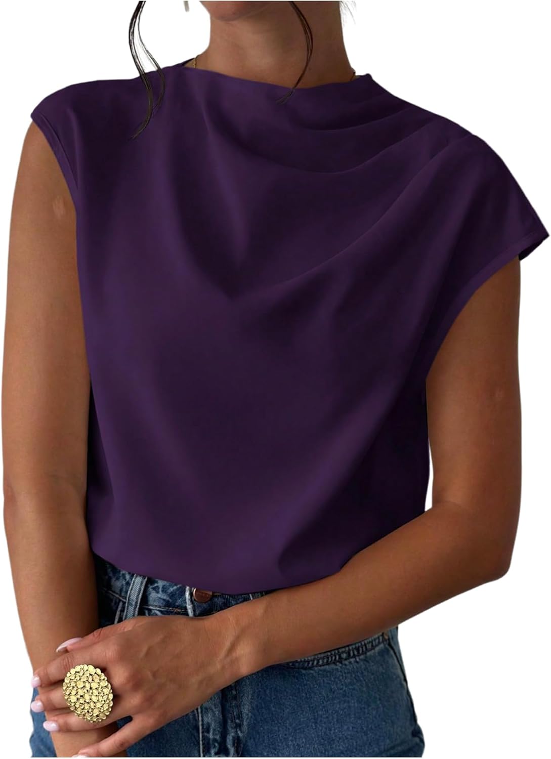 MakeMeChic Women's Draped Neck Tops Cap Sleeve Mock Neck Keyhole Work Shirt Summer Blouse