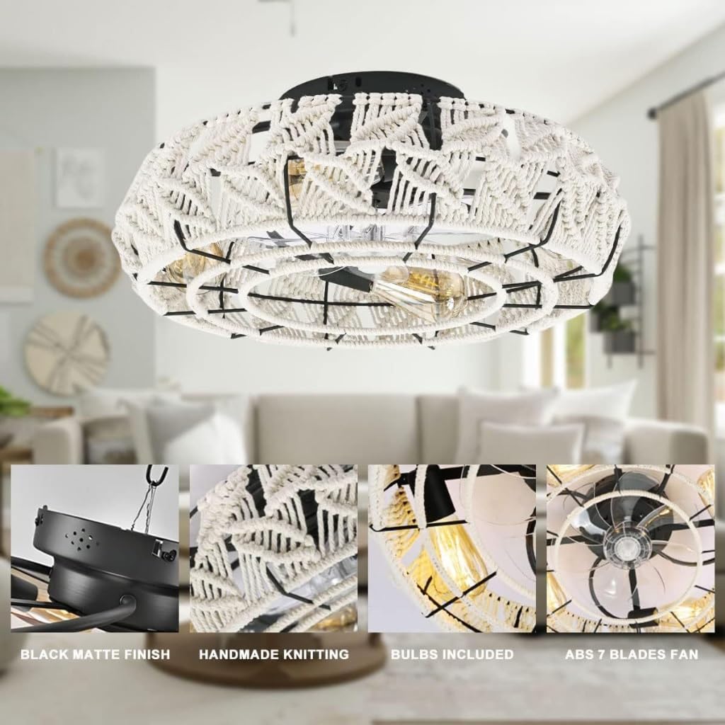 Ventilatore A Soffitto In Bambù Retrò Con Luce E Telecomando - 50cm, 6 Velocità, Reversibile