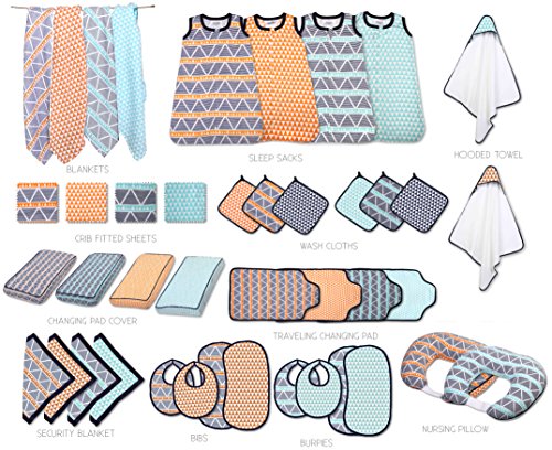 Image of Bacati - Tribal /Aztec Cotton Muslin Fabric Hooded Towels /Wash Cloths(Set of 3) (Hooded Towel, Triangles Orange /Navy)