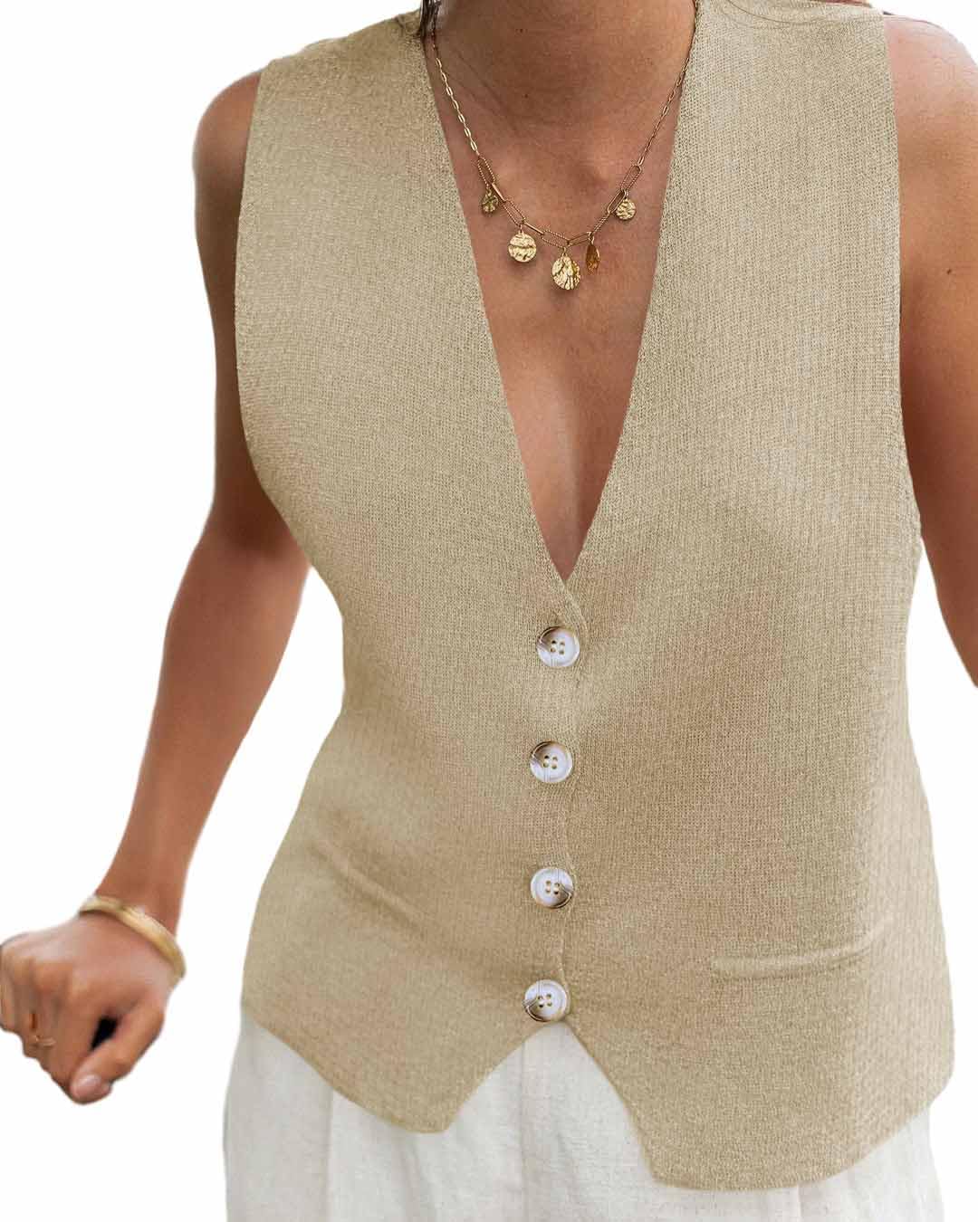Saodimallsu Gilet sans manches en tricot avec col en V et boutons pour femme