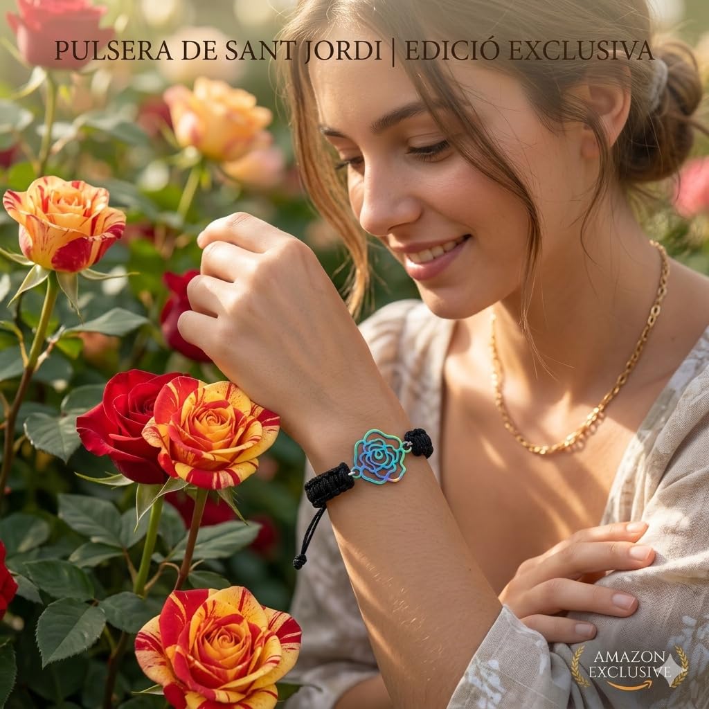 SIMBOLIKS Rosa arcoíris de Sant Jordi, Dia dels Enamorats, Diada de Catalunya, día de la madre, corazón, amor, Regalo Sant Jordi, Pulsera Roja, Rosa de colores Eterna, llegenda, Flor, obsequio pulsera — view 2