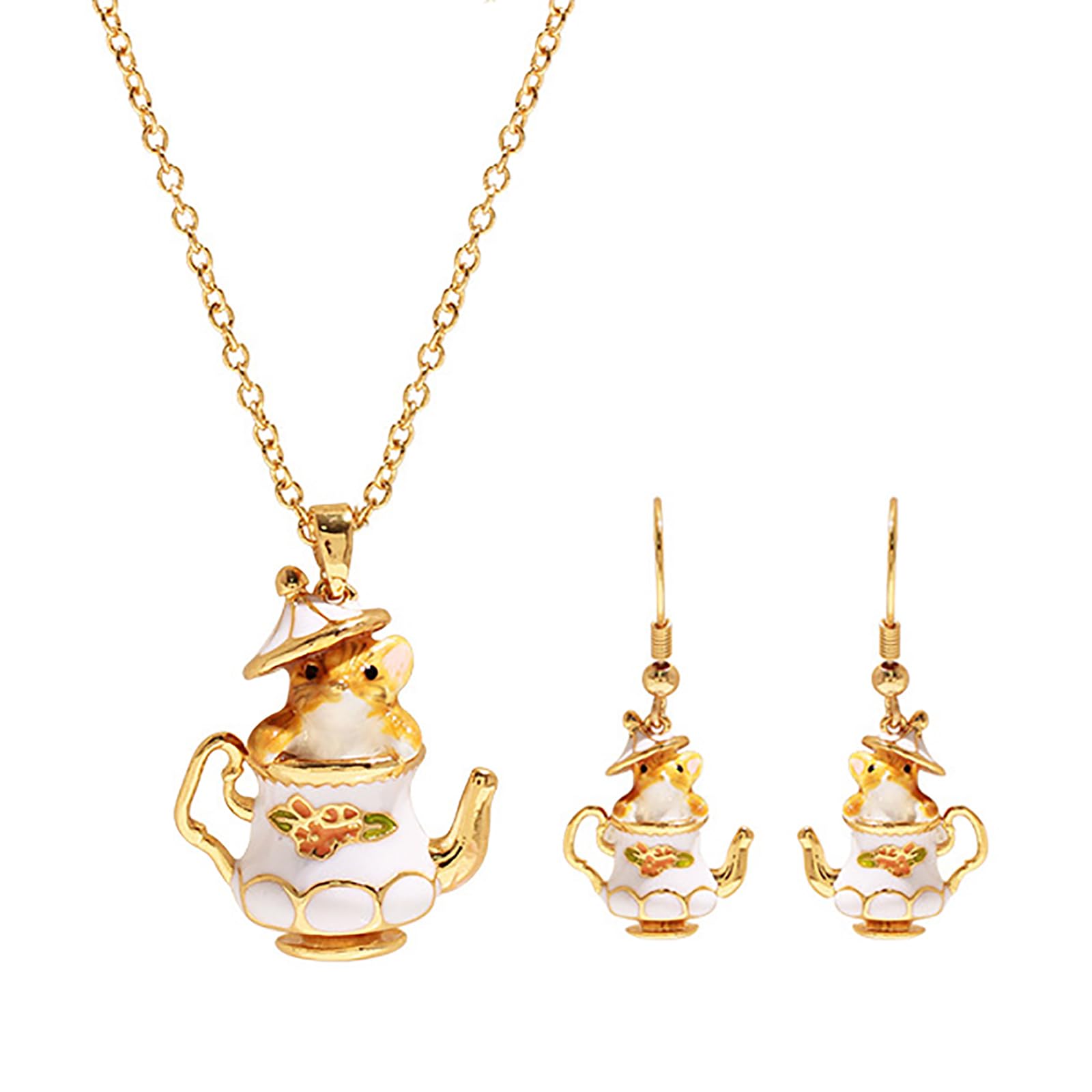 CEAeis Mouse In Teapot Necklace And Earrings Set, Handmade Enameled Chipmunk Earrings, Cartoon Teacup Earrings for Women (Earring+Necklace)