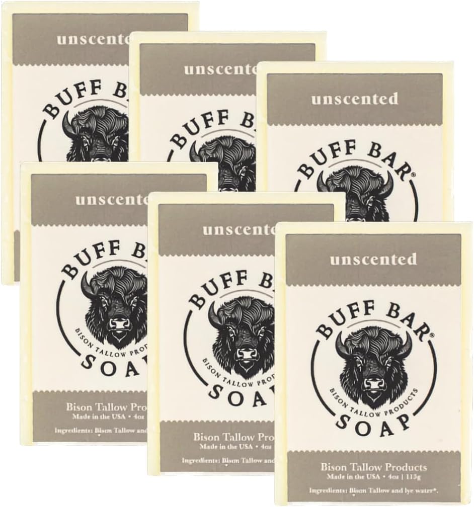 Big Crazy Buffalo BUFF BAR Bison Tallow Buff Soap Bar, Unscented, (6 pack) - Cleans, Moisturizing, Non-Habit Forming, Soothes, and Naturally Derived - No Dyes, Chemicals, Fragrances, Preservatives