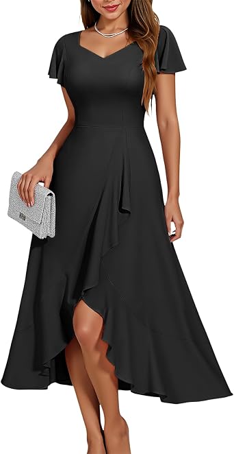HomRain V Neck Formal Wedding Guest Dresses for Women Ruffle Sleeves for Cocktail Graduation Modest Dress