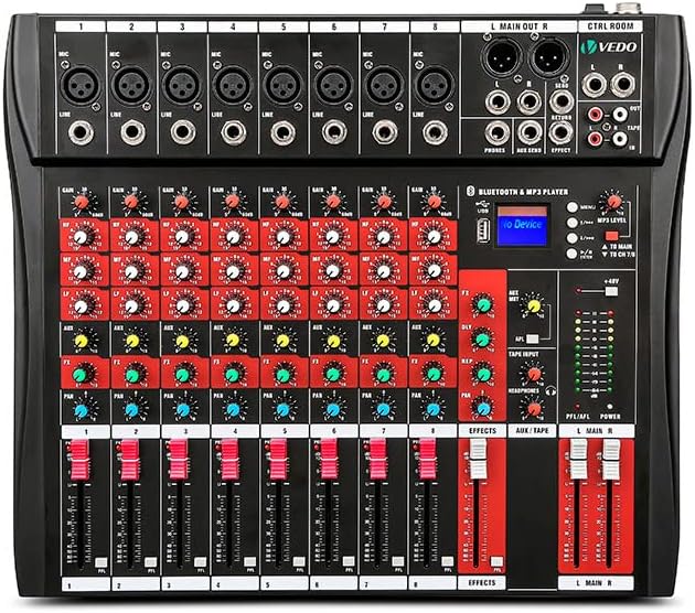 Top view of the Vedo VDA208L mixer showing all input channels and controls