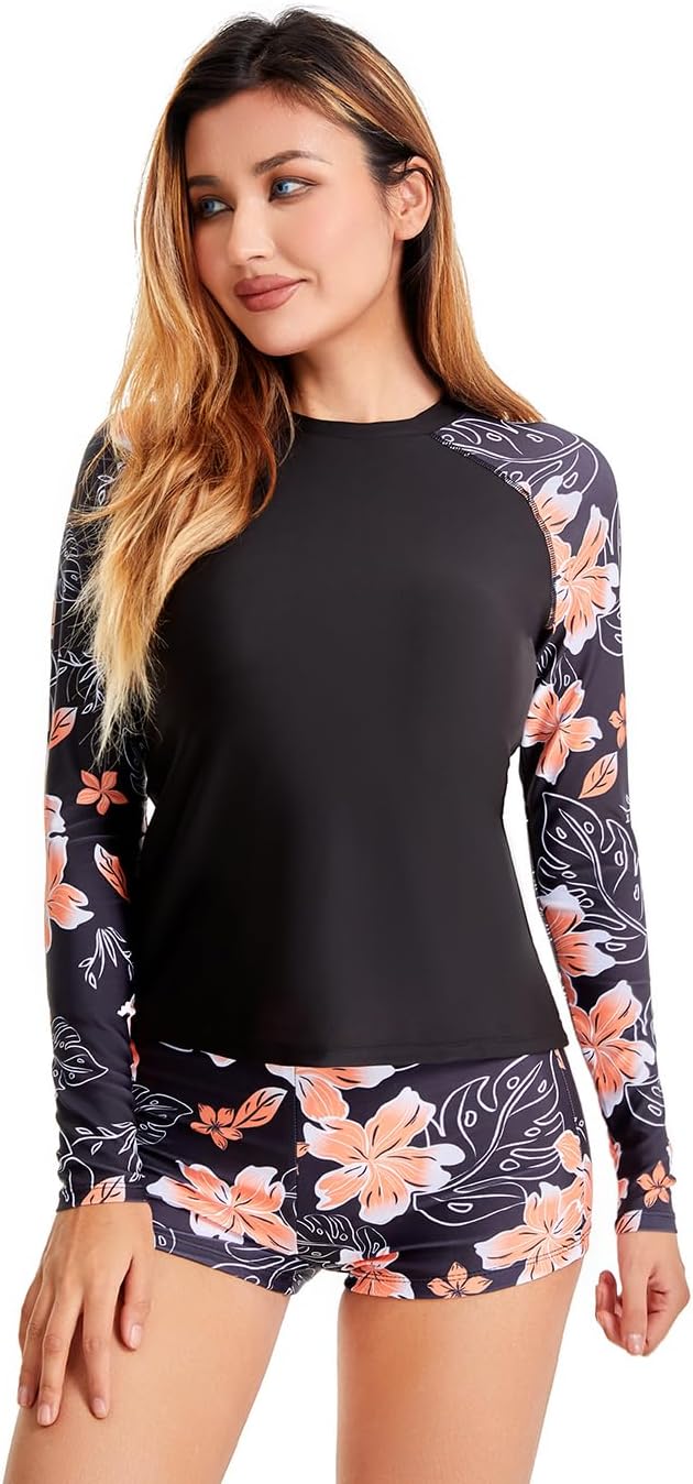 Long Sleeve Rash Guard Swimsuit for Women Two Piece Bathing Suit with Boyshorts Swimming Suits for Women - Image 2