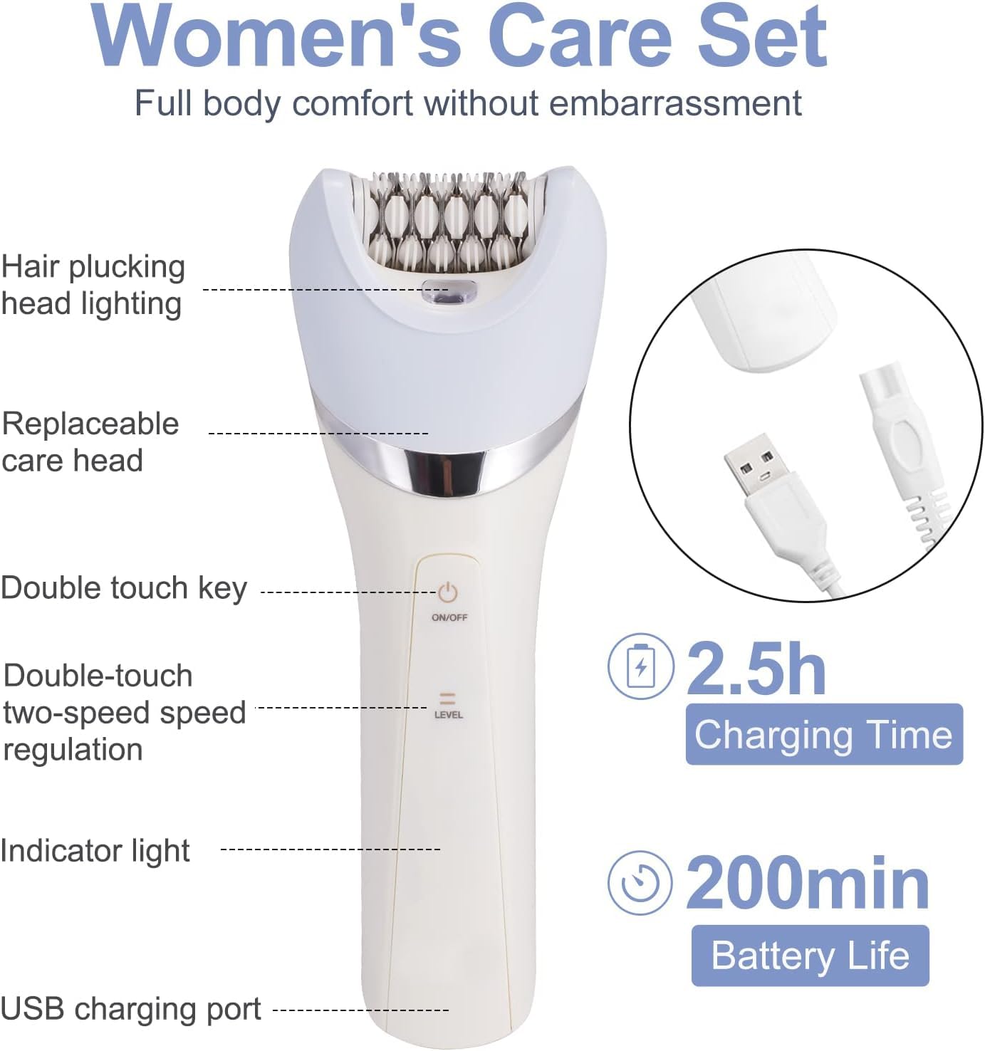 Epilateur Electrique Femme, 5 en 1 Rasoir Electrique sans Fil Rechargeable avec 2 Vitesses pour les Jambes et le Corps épilation, Épilateur électrique avec Exfoliant, Nettoyage et Massage du Visage